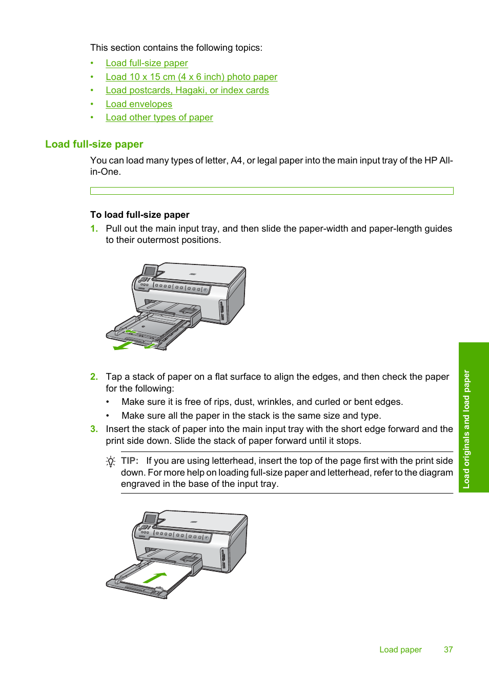 Load full-size paper | HP Photosmart C6280 All-in-One Printer User Manual | Page 38 / 189