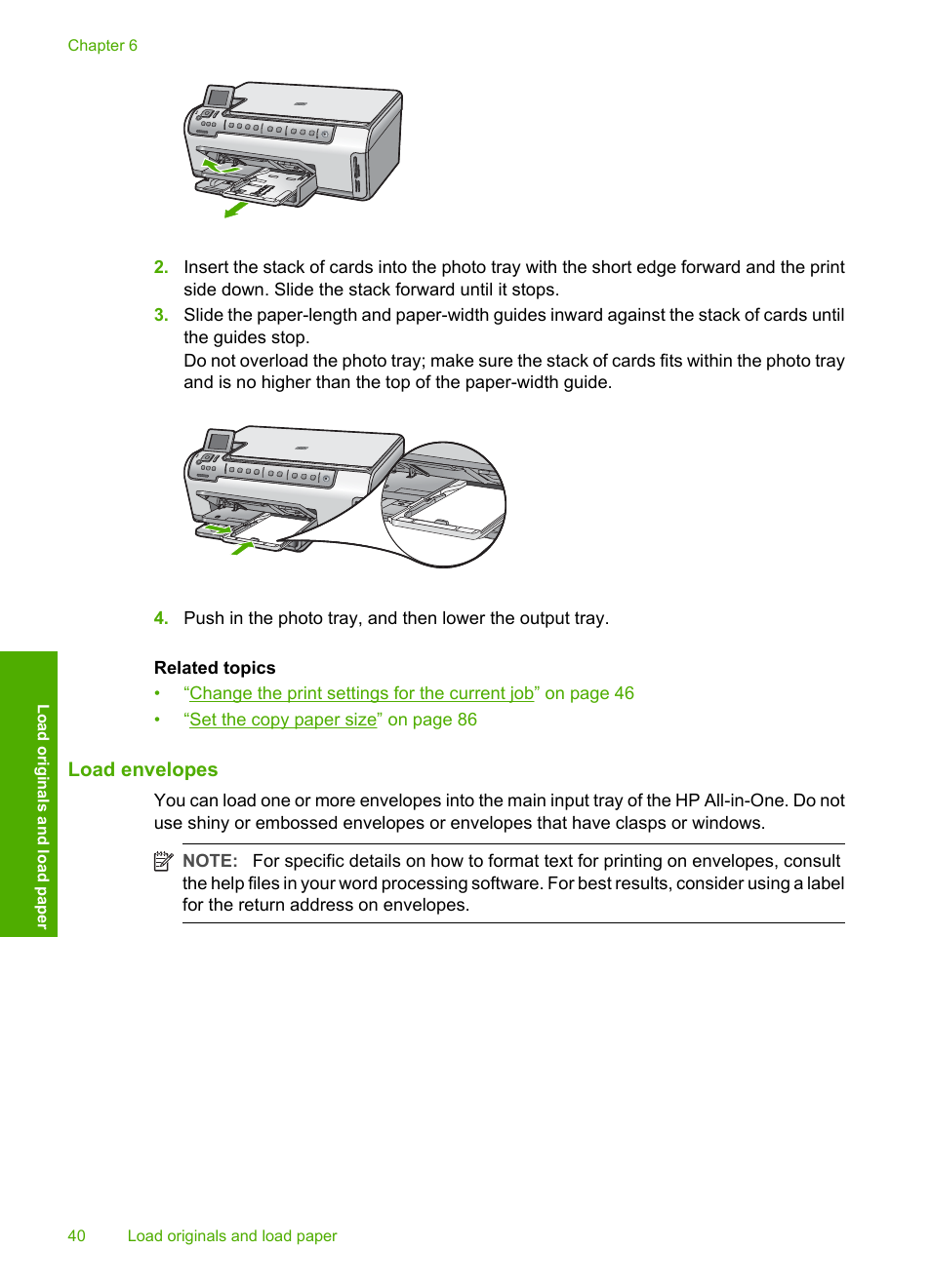 Load envelopes | HP Photosmart C6280 All-in-One Printer User Manual | Page 41 / 189