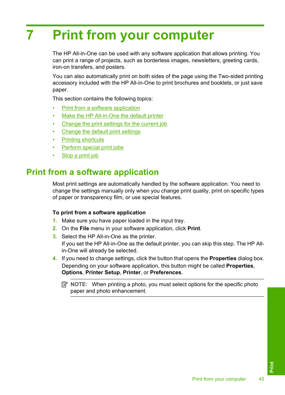 Print from your computer, Print from a software application, 7 print from your computer | 7print from your computer | HP Photosmart C6280 All-in-One Printer User Manual | Page 46 / 189