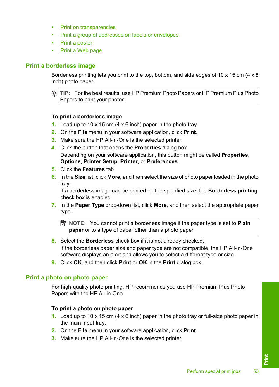 Print a borderless image, Print a photo on photo paper | HP Photosmart C6280 All-in-One Printer User Manual | Page 54 / 189