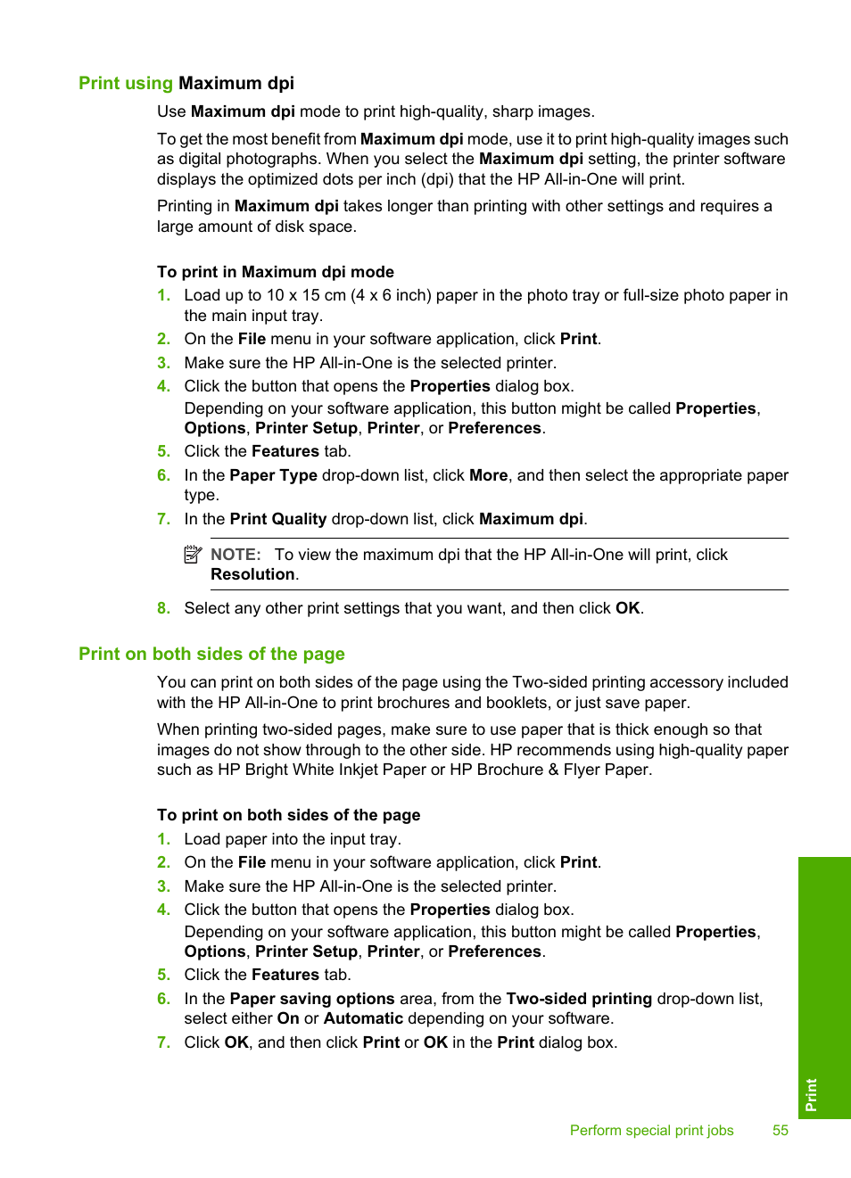 Print using maximum dpi | HP Photosmart C6280 All-in-One Printer User Manual | Page 56 / 189