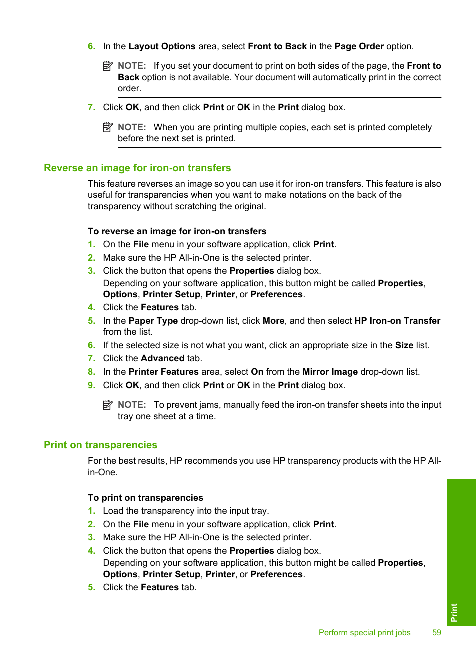 Reverse an image for iron-on transfers, Print on transparencies | HP Photosmart C6280 All-in-One Printer User Manual | Page 60 / 189