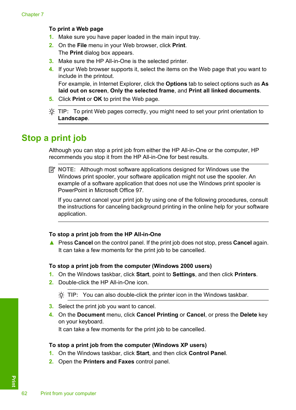 Stop a print job | HP Photosmart C6280 All-in-One Printer User Manual | Page 63 / 189