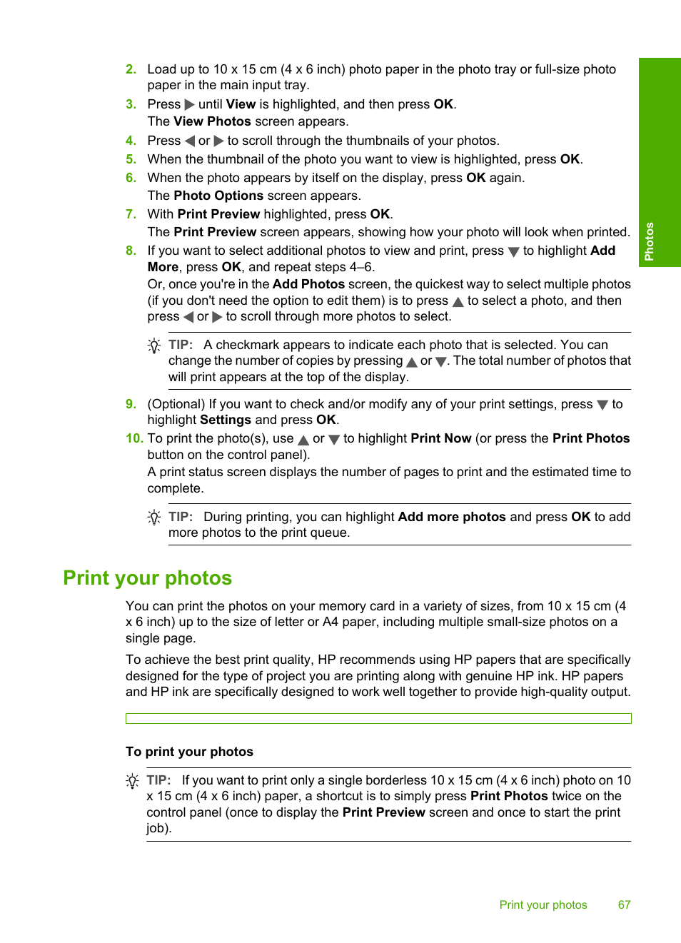 Print your photos | HP Photosmart C6280 All-in-One Printer User Manual | Page 68 / 189