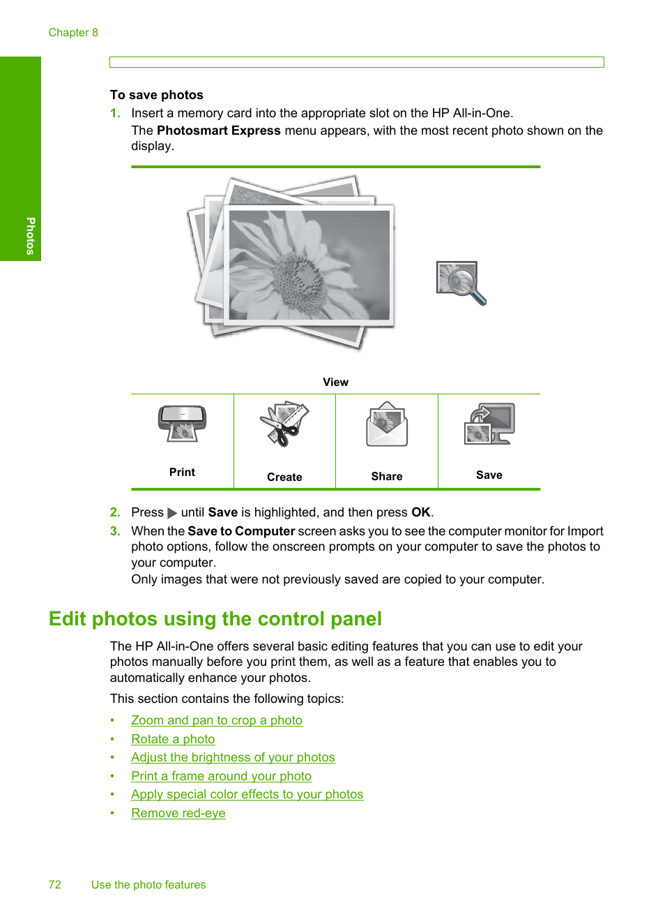 Edit photos using the control panel | HP Photosmart C6280 All-in-One Printer User Manual | Page 73 / 189