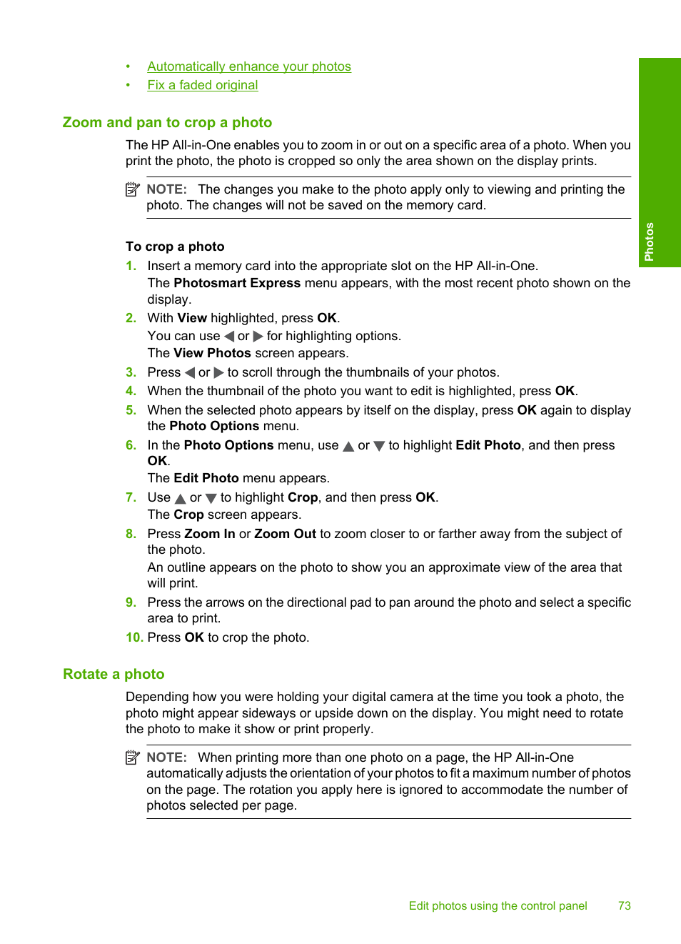 Zoom and pan to crop a photo, Rotate a photo | HP Photosmart C6280 All-in-One Printer User Manual | Page 74 / 189