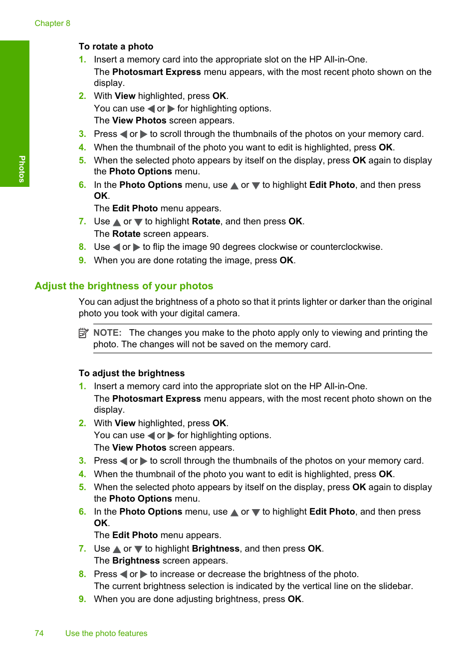 Adjust the brightness of your photos | HP Photosmart C6280 All-in-One Printer User Manual | Page 75 / 189