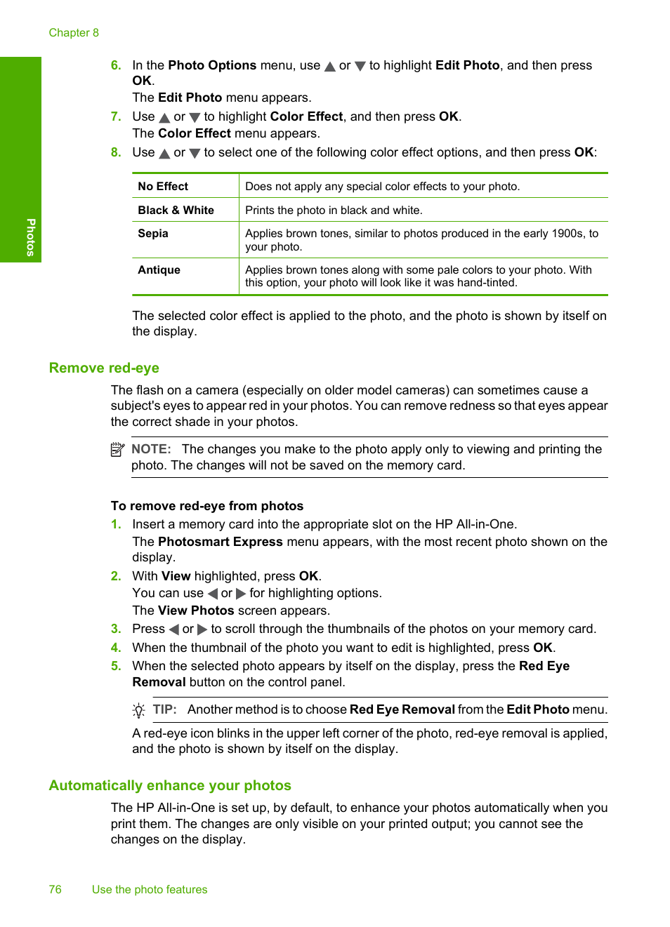 Remove red‐eye, Automatically enhance your photos, Remove red-eye | HP Photosmart C6280 All-in-One Printer User Manual | Page 77 / 189