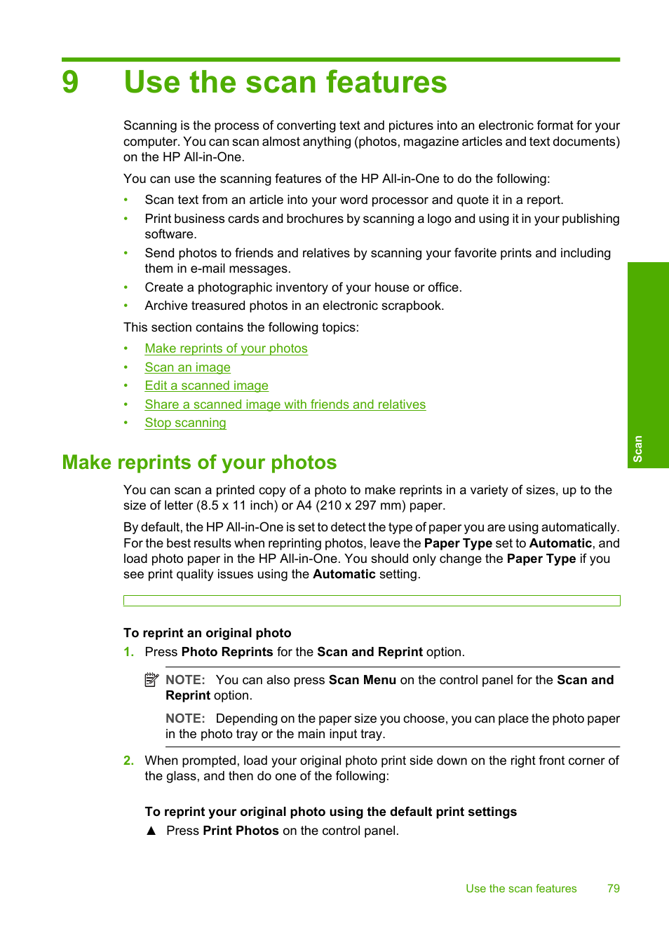 Use the scan features, Make reprints of your photos, 9 use the scan features | 9use the scan features | HP Photosmart C6280 All-in-One Printer User Manual | Page 80 / 189
