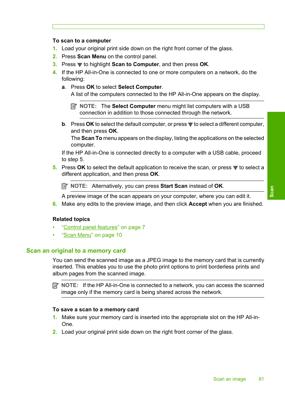 Scan an original to a memory card | HP Photosmart C6280 All-in-One Printer User Manual | Page 82 / 189