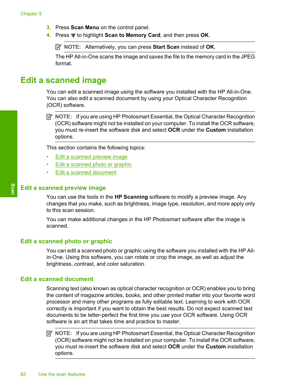 Edit a scanned image, Edit a scanned preview image, Edit a scanned photo or graphic | Edit a scanned document | HP Photosmart C6280 All-in-One Printer User Manual | Page 83 / 189