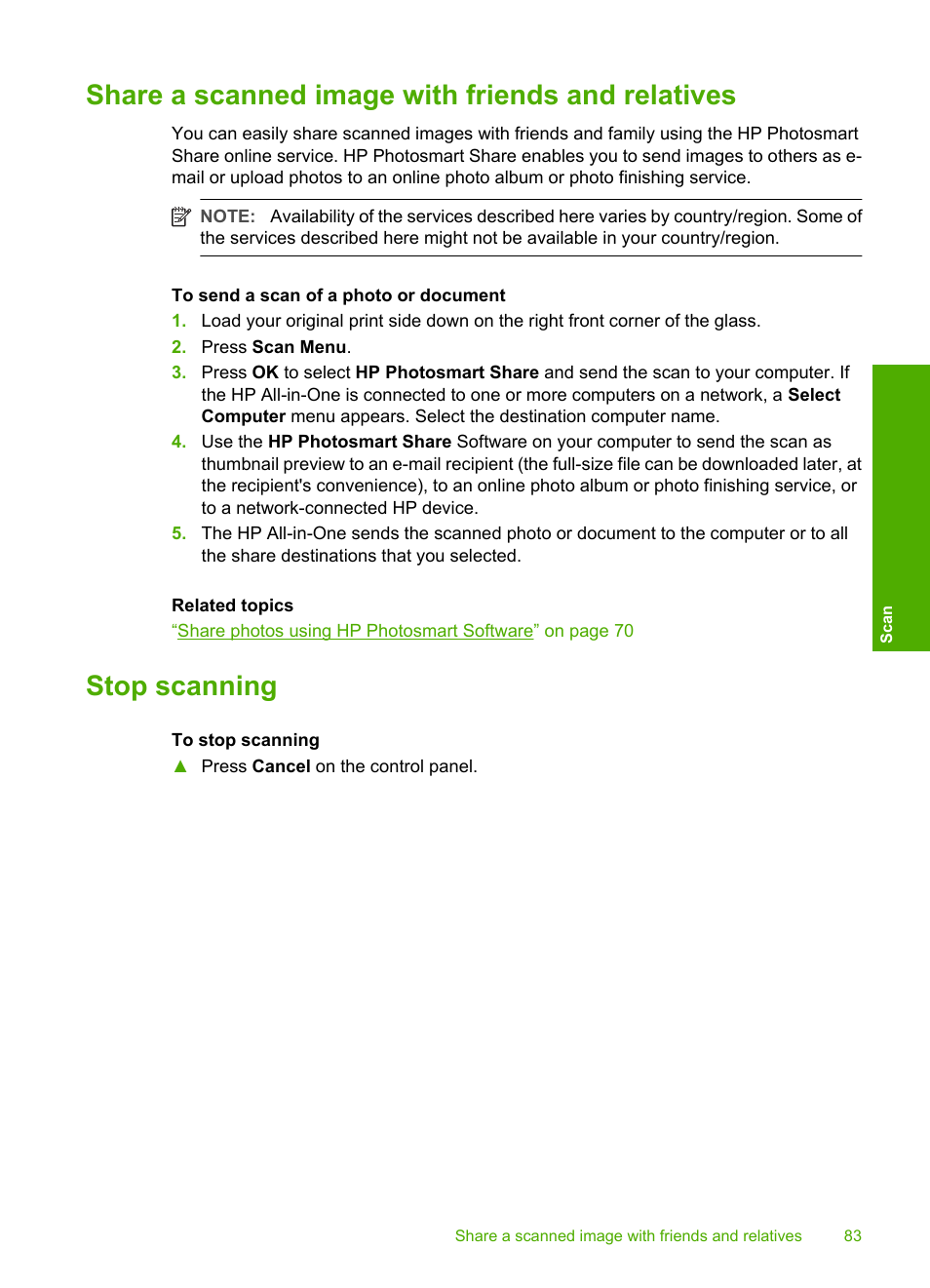 Share a scanned image with friends and relatives, Stop scanning | HP Photosmart C6280 All-in-One Printer User Manual | Page 84 / 189