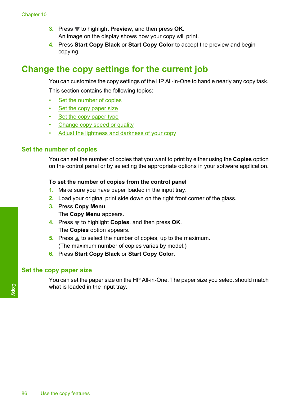 Change the copy settings for the current job, Set the number of copies, Set the copy paper size | HP Photosmart C6280 All-in-One Printer User Manual | Page 87 / 189