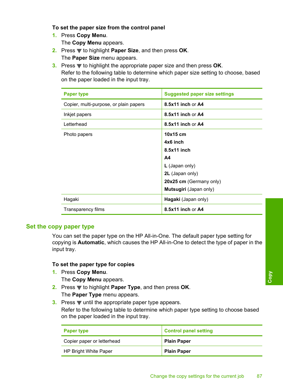 Set the copy paper type | HP Photosmart C6280 All-in-One Printer User Manual | Page 88 / 189
