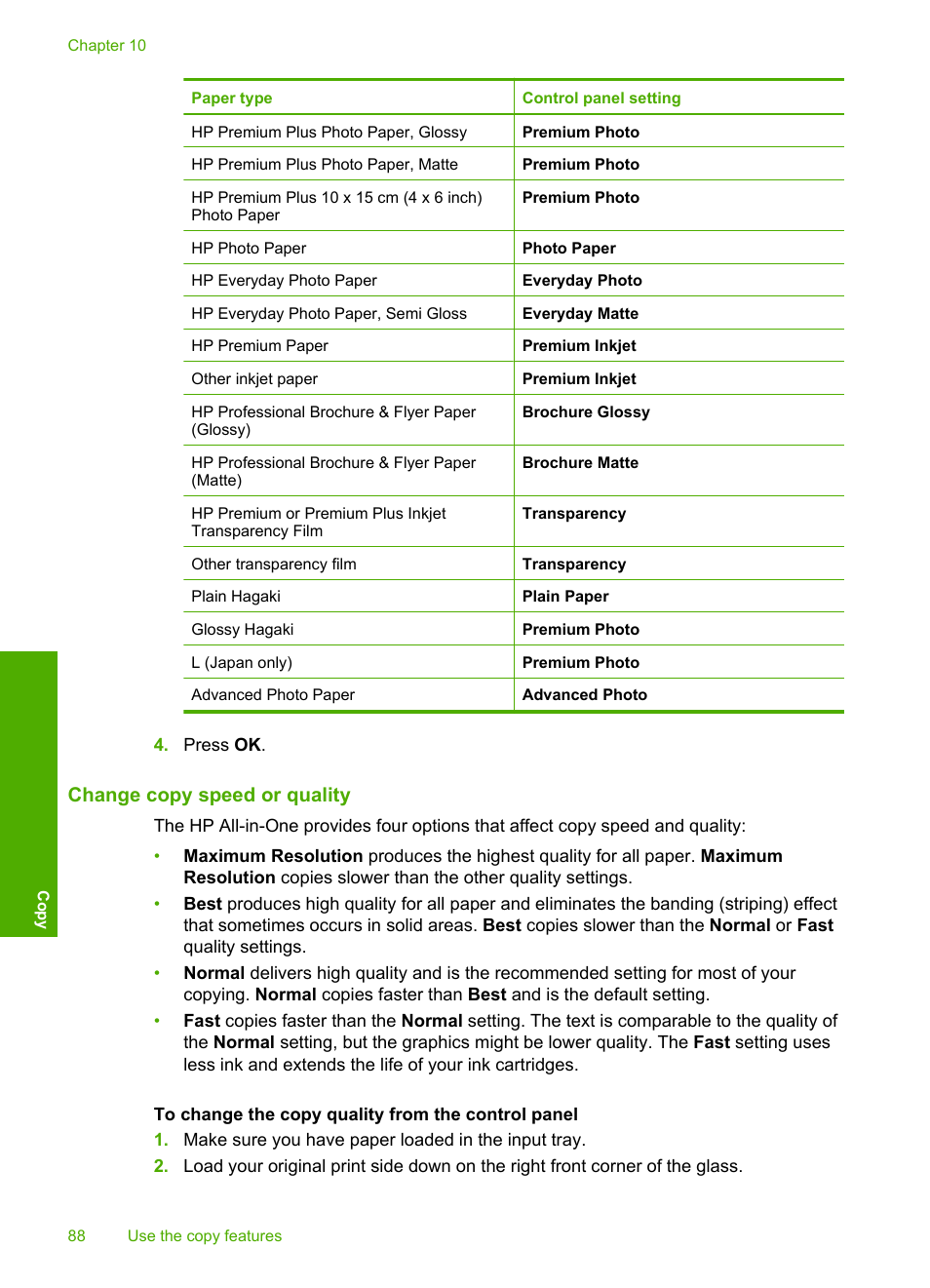 Change copy speed or quality | HP Photosmart C6280 All-in-One Printer User Manual | Page 89 / 189