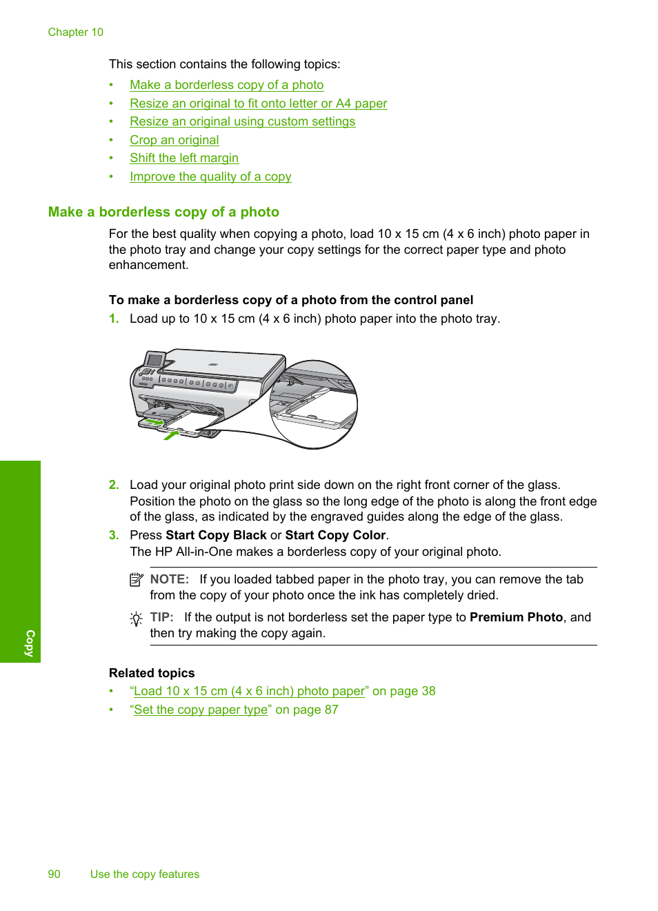 Make a borderless copy of a photo | HP Photosmart C6280 All-in-One Printer User Manual | Page 91 / 189