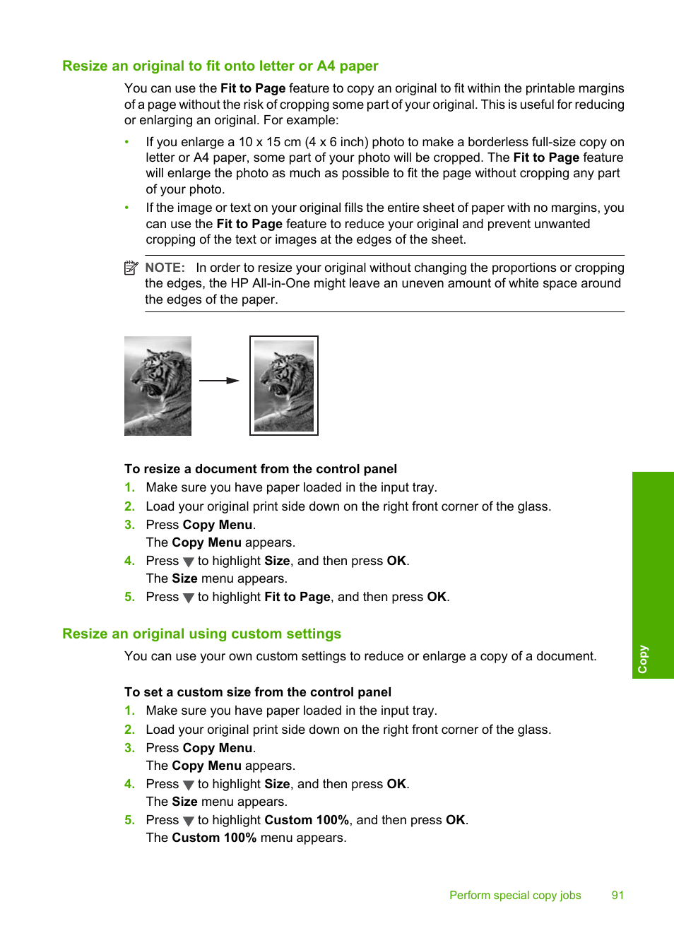 Resize an original to fit onto letter or a4 paper, Resize an original using custom settings | HP Photosmart C6280 All-in-One Printer User Manual | Page 92 / 189