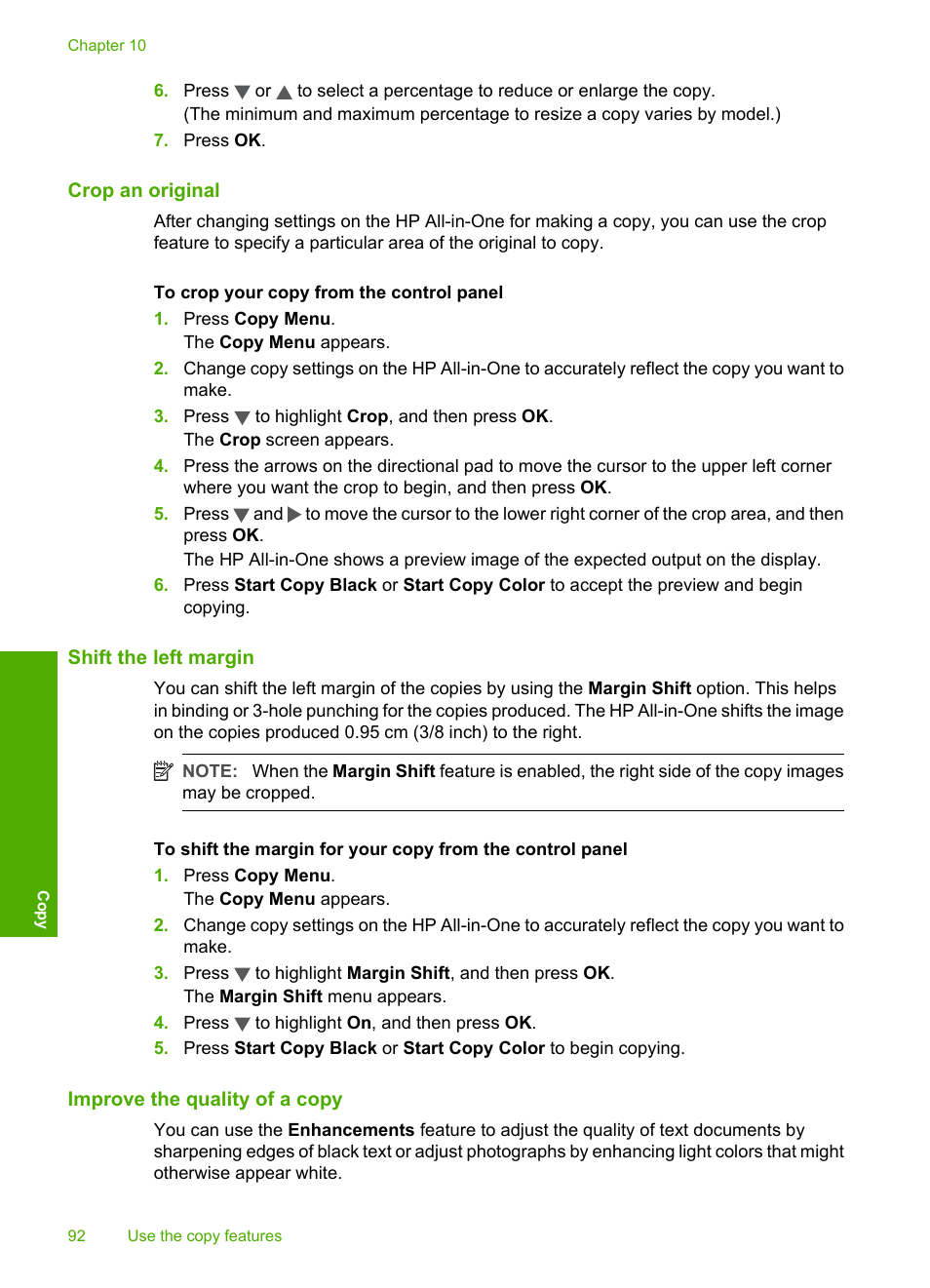 Crop an original, Shift the left margin, Improve the quality of a copy | HP Photosmart C6280 All-in-One Printer User Manual | Page 93 / 189