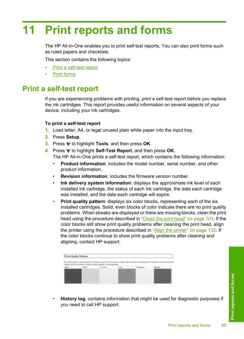 Print reports and forms, Print a self-test report, 11 print reports and forms | HP Photosmart C6280 All-in-One Printer User Manual | Page 96 / 189