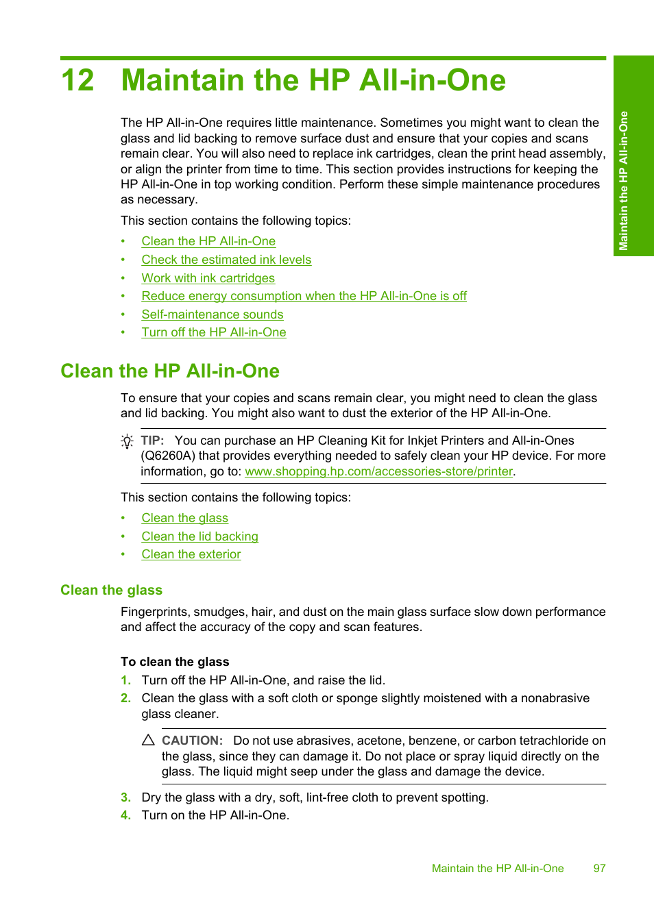 Maintain the hp all-in-one, Clean the hp all-in-one, Clean the glass | 12 maintain the hp all-in-one | HP Photosmart C6280 All-in-One Printer User Manual | Page 98 / 189