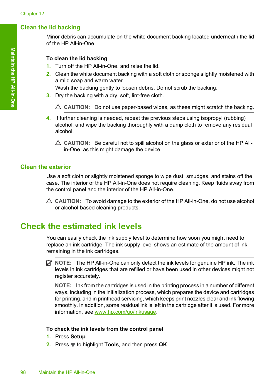 Clean the lid backing, Clean the exterior, Check the estimated ink levels | HP Photosmart C6280 All-in-One Printer User Manual | Page 99 / 189