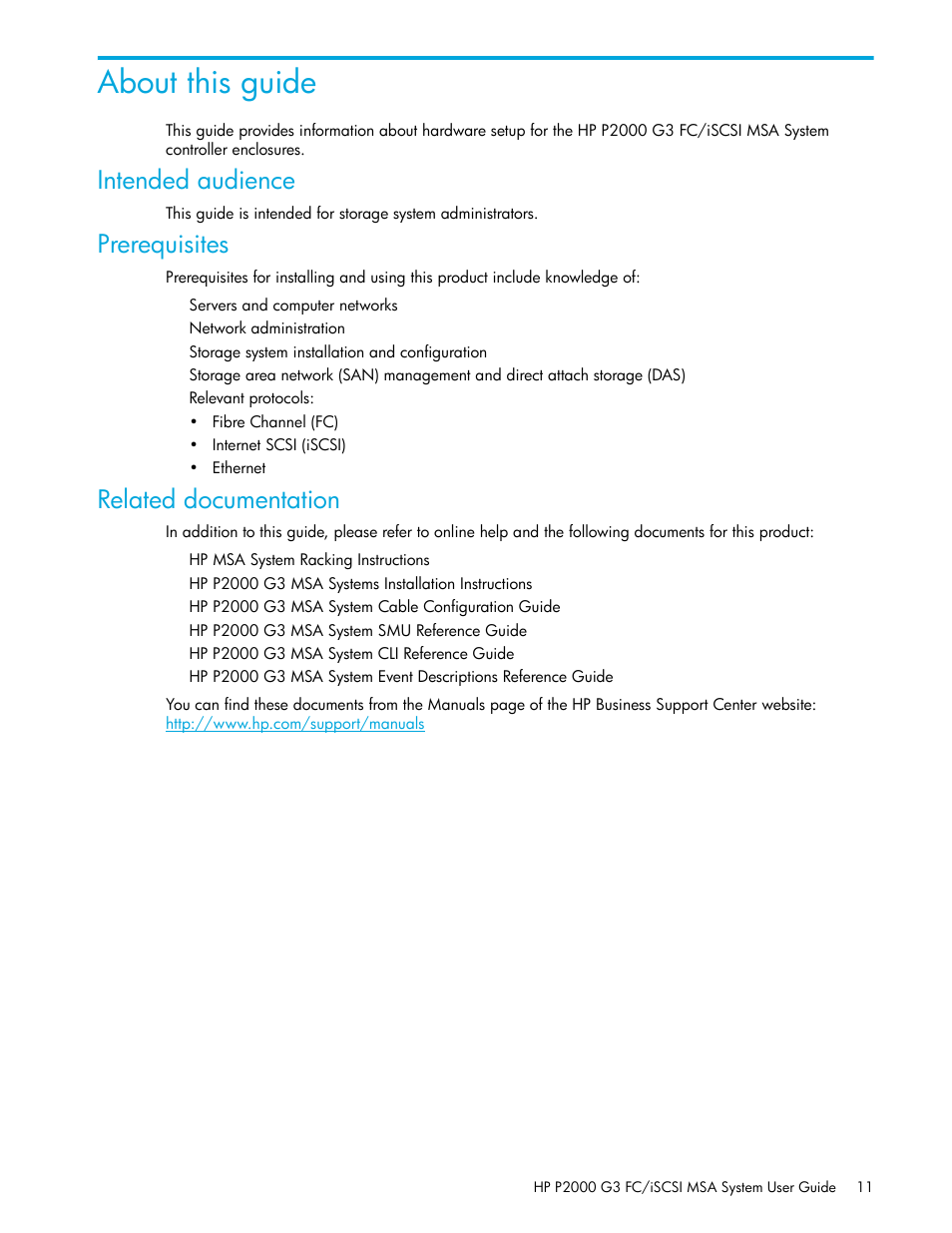 About this guide, Intended audience, Prerequisites | Related documentation | HP MSA Controllers User Manual | Page 11 / 84