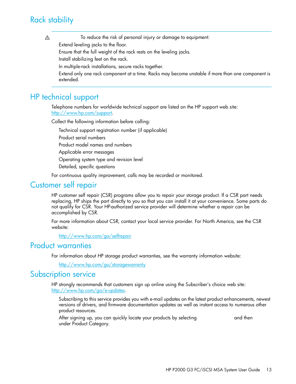 Rack stability, Hp technical support, Customer self repair | Product warranties, Subscription service | HP MSA Controllers User Manual | Page 13 / 84