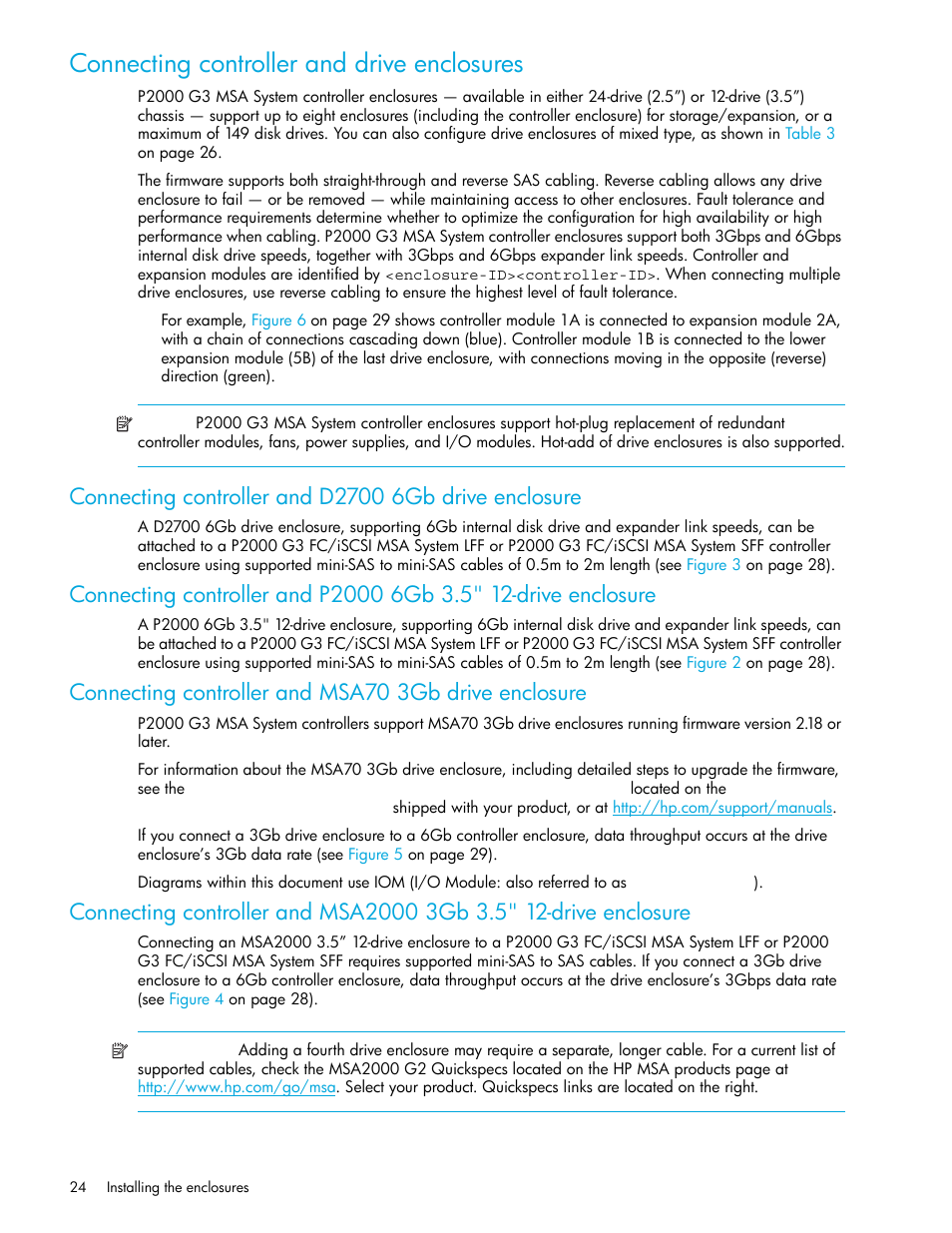 Connecting controller and drive enclosures | HP MSA Controllers User Manual | Page 24 / 84