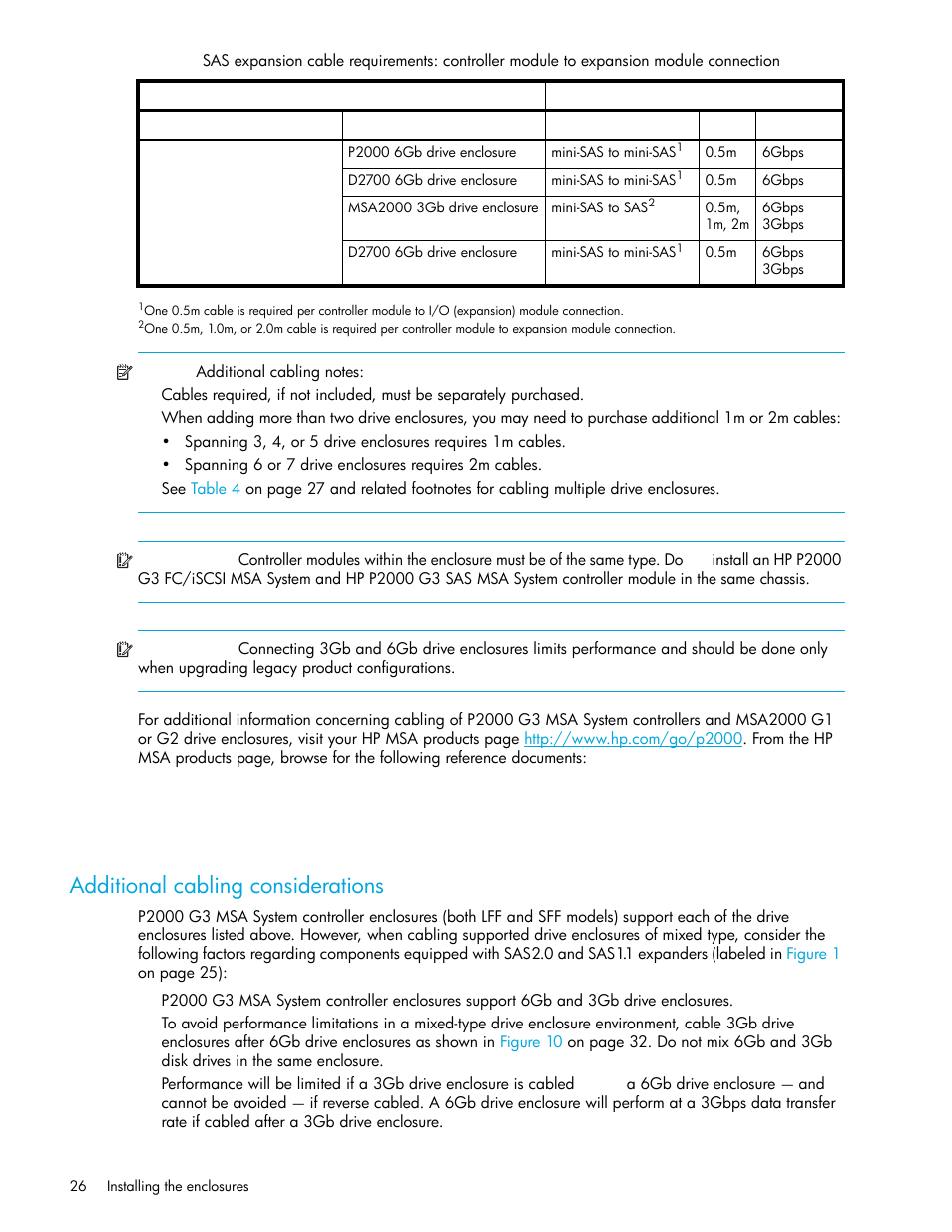 Additional cabling considerations, Table 3 | HP MSA Controllers User Manual | Page 26 / 84