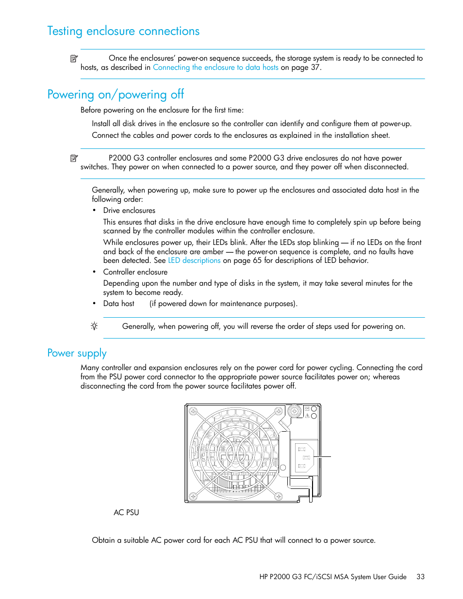 Testing enclosure connections, Powering on/powering off, Power supply | 11 ac psu | HP MSA Controllers User Manual | Page 33 / 84