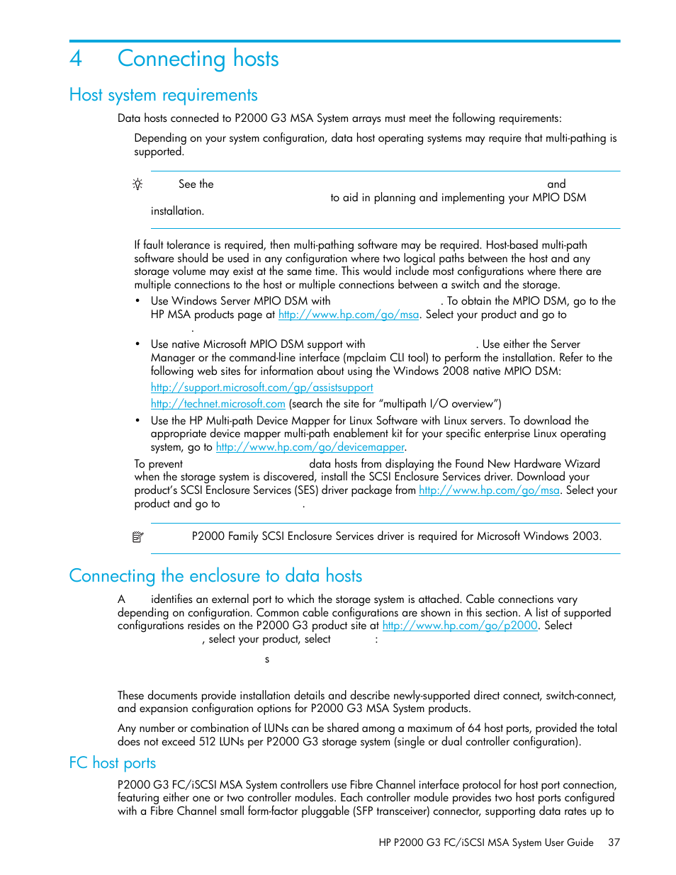 Connecting hosts, Host system requirements, Connecting the enclosure to data hosts | 4 connecting hosts, Fc host ports, Bed in, 4connecting hosts | HP MSA Controllers User Manual | Page 37 / 84