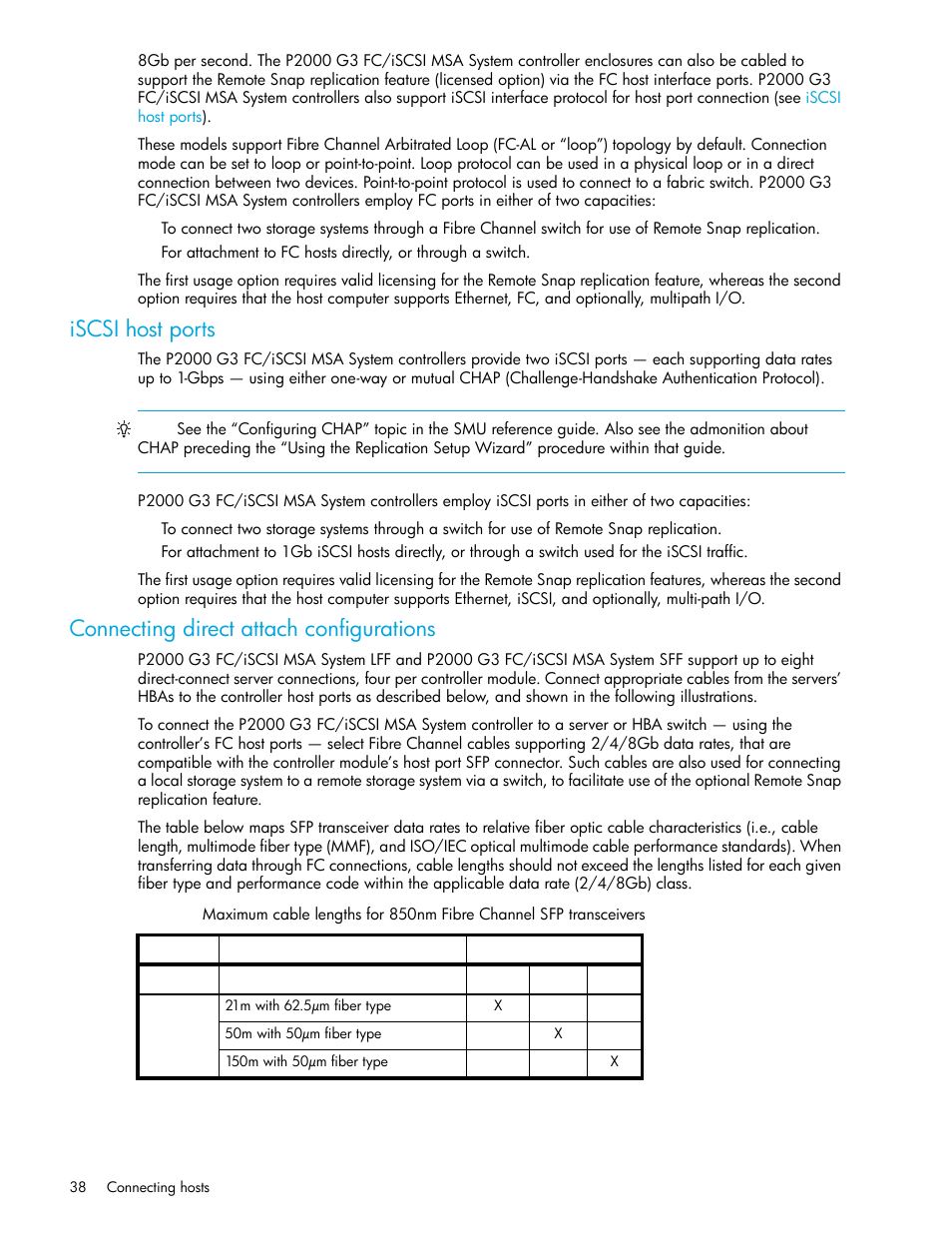 Iscsi host ports, Connecting direct attach configurations | HP MSA Controllers User Manual | Page 38 / 84
