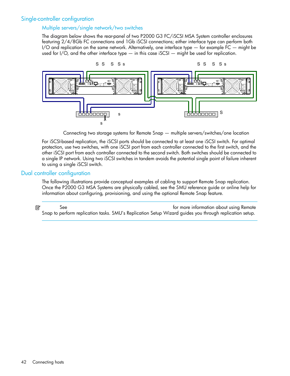 Single-controller configuration, Multiple servers/single network/two switches, Dual controller configuration | HP MSA Controllers User Manual | Page 42 / 84