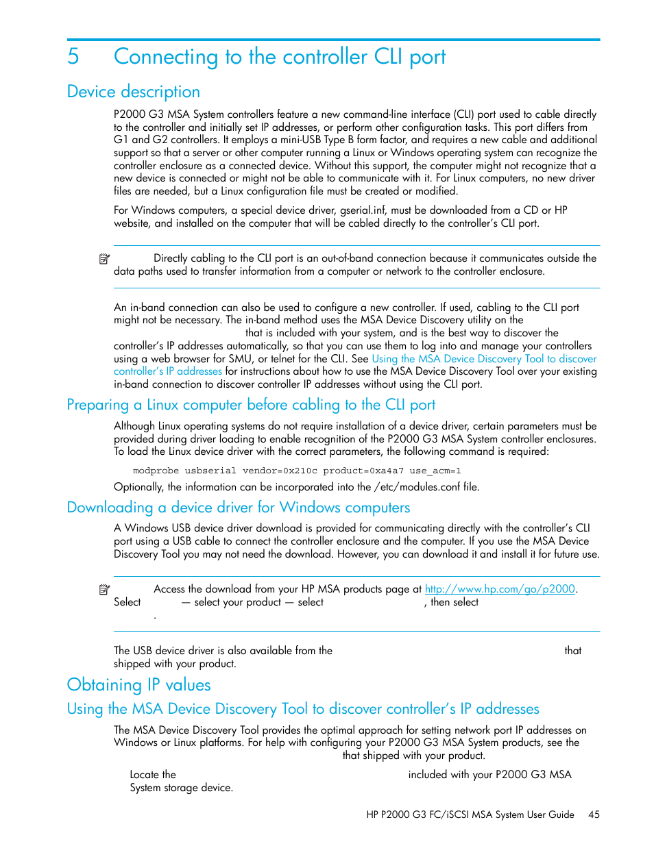 Connecting to the controller cli port, Device description, Obtaining ip values | 5 connecting to the controller cli port, Downloading a device driver for windows computers, 5connecting to the controller cli port | HP MSA Controllers User Manual | Page 45 / 84