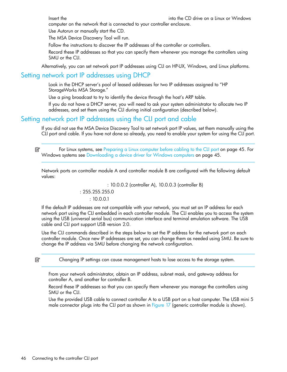 Setting network port ip addresses using dhcp | HP MSA Controllers User Manual | Page 46 / 84