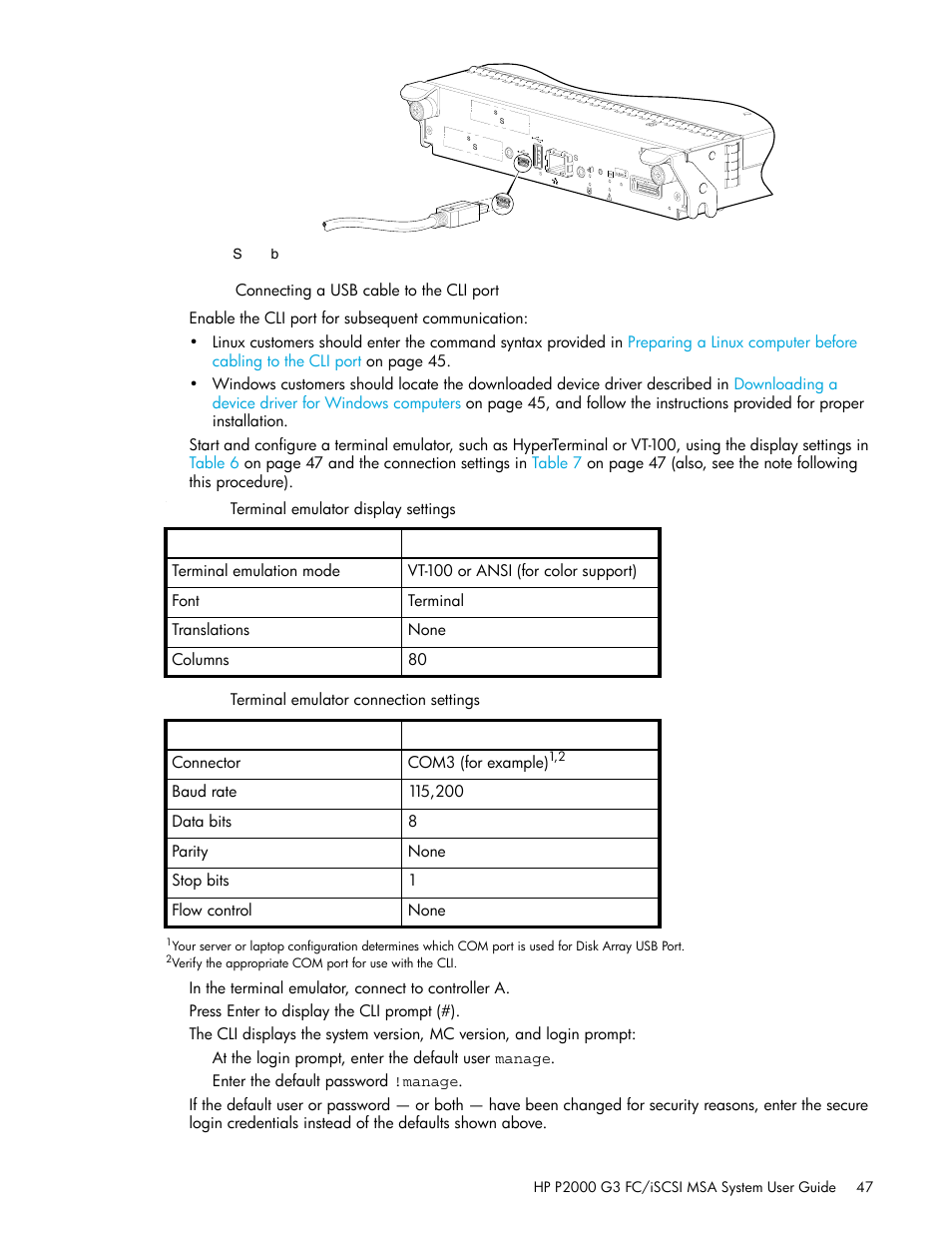 17 connecting a usb cable to the cli port, 6 terminal emulator display settings, 7 terminal emulator connection settings | N in, Figure 17 | HP MSA Controllers User Manual | Page 47 / 84