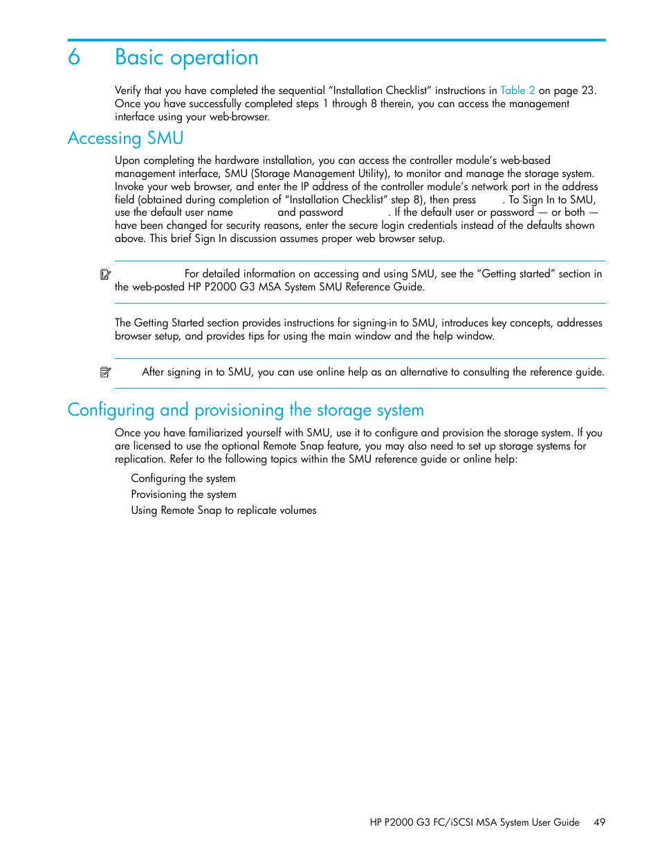 Basic operation, Accessing smu, Configuring and provisioning the storage system | 6 basic operation, Ed in, 6basic operation | HP MSA Controllers User Manual | Page 49 / 84