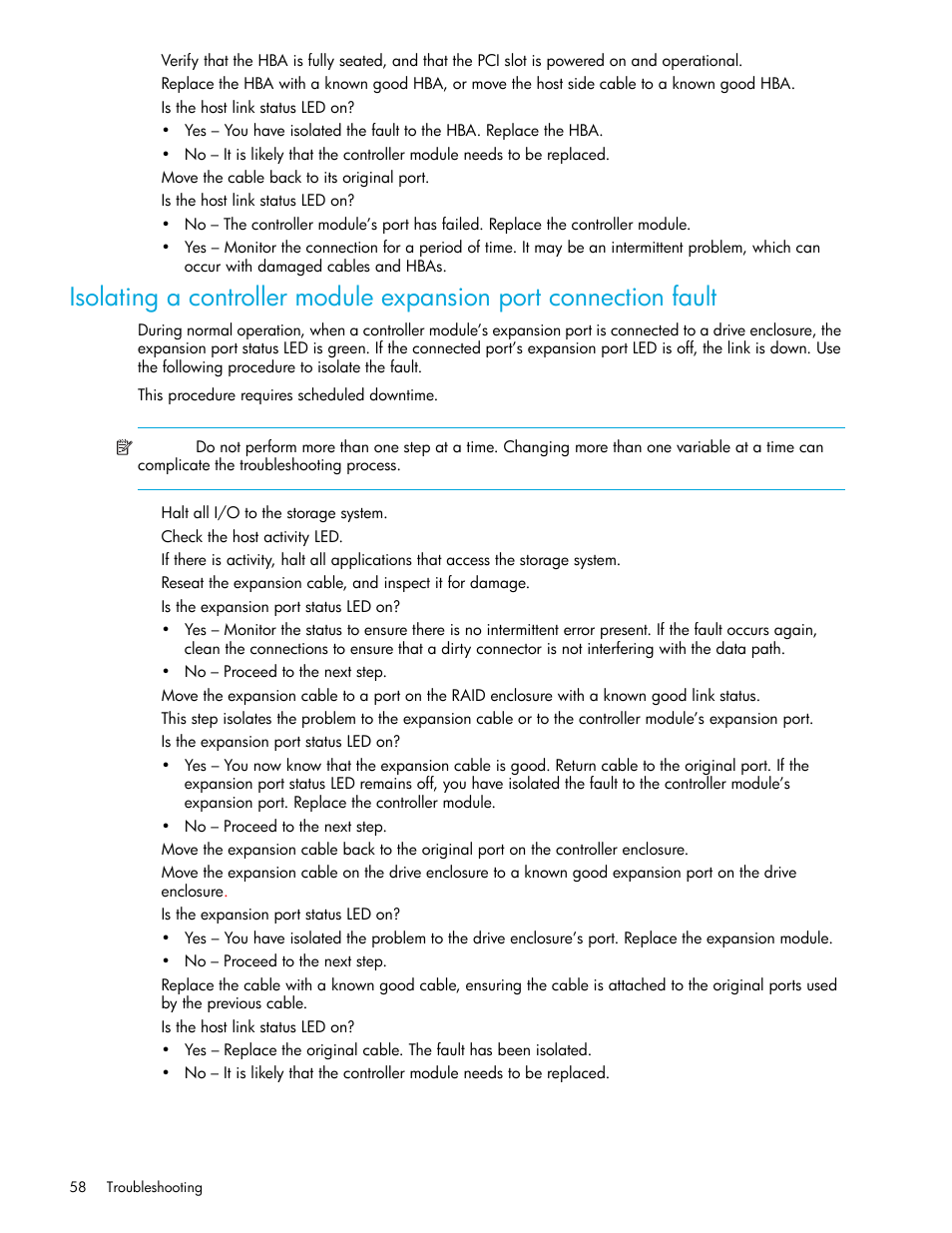 Isolating a controller module expansion port, Connection fault | HP MSA Controllers User Manual | Page 58 / 84