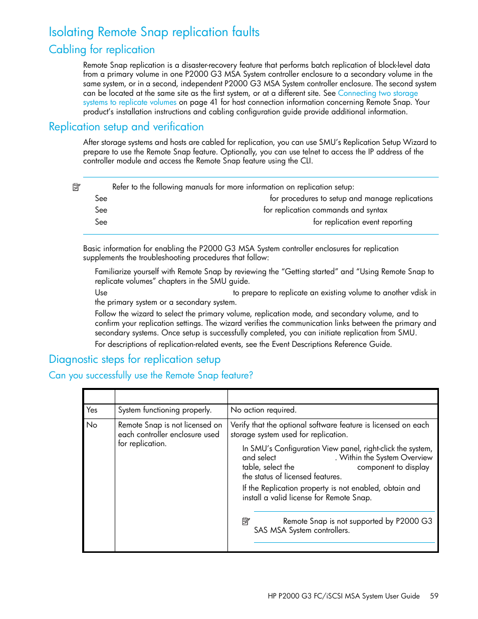 Isolating remote snap replication faults, Cabling for replication, Replication setup and verification | Diagnostic steps for replication setup, Can you successfully use the remote snap feature | HP MSA Controllers User Manual | Page 59 / 84