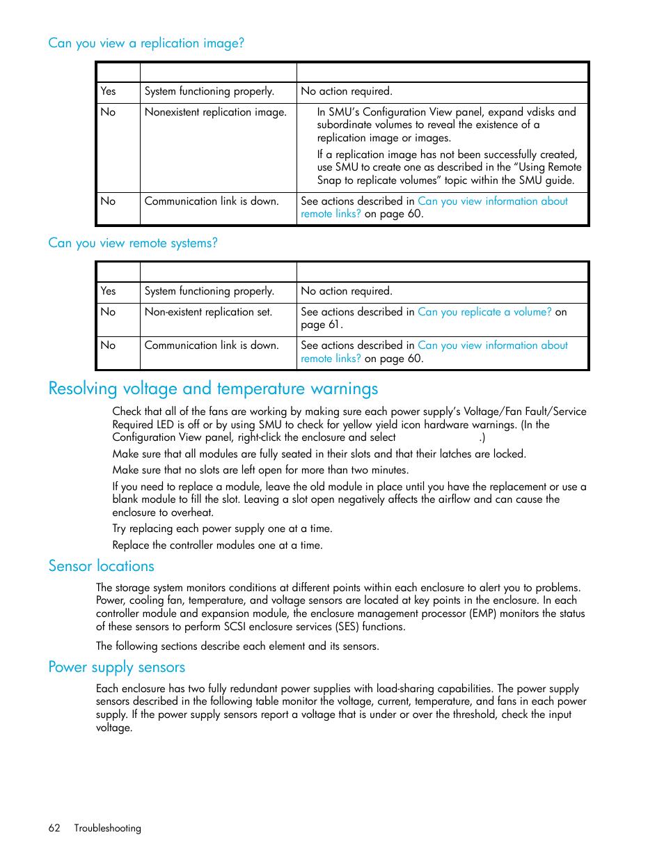 Resolving voltage and temperature warnings, Can you view a replication image, Can you view remote systems | Sensor locations, Power supply sensors | HP MSA Controllers User Manual | Page 62 / 84