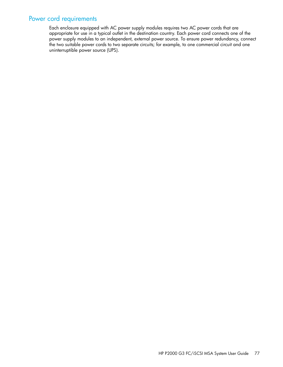 Power cord requirements | HP MSA Controllers User Manual | Page 77 / 84