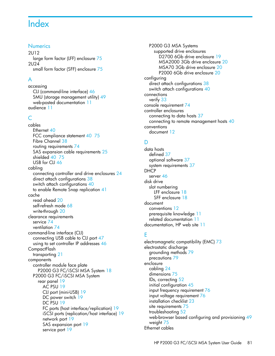 Index | HP MSA Controllers User Manual | Page 81 / 84