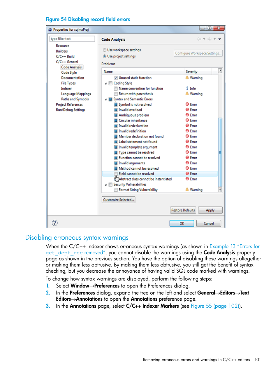 Disabling erroneous syntax warnings, Disabling record field errors | HP Integrity NonStop J-Series User Manual | Page 101 / 163