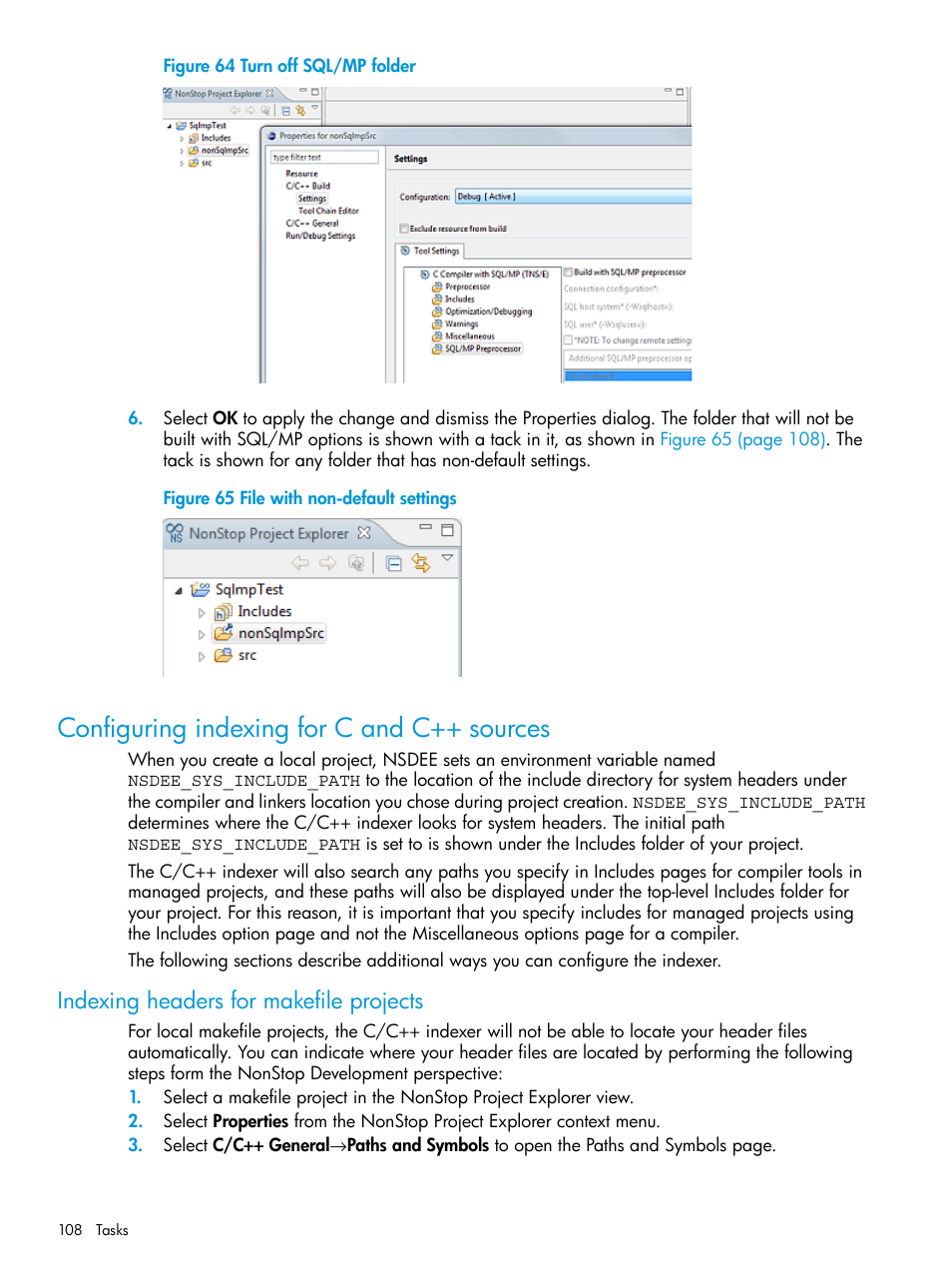 Configuring indexing for c and c++ sources, Indexing headers for makefile projects, Turn off sql/mp folder | File with non-default settings | HP Integrity NonStop J-Series User Manual | Page 108 / 163