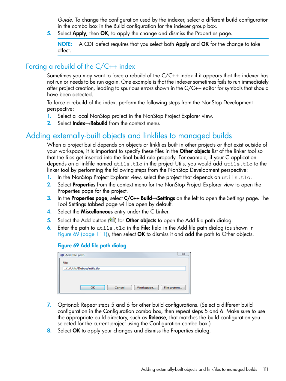 Forcing a rebuild of the c/c++ index, Add file path dialog | HP Integrity NonStop J-Series User Manual | Page 111 / 163