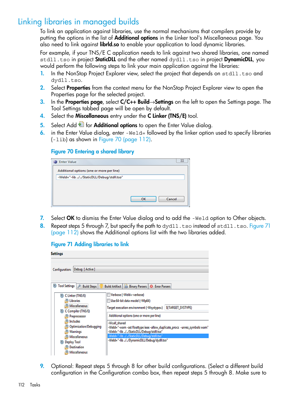 Linking libraries in managed builds, Entering a shared library, Adding libraries to link | HP Integrity NonStop J-Series User Manual | Page 112 / 163