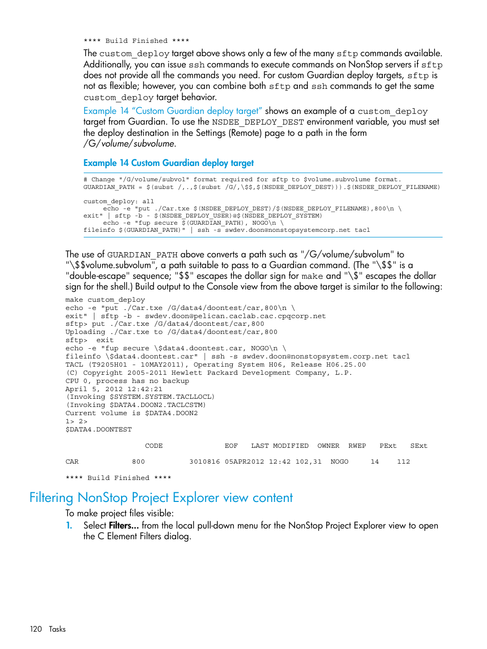 Filtering nonstop project explorer view content, Custom guardian deploy target, Filtering | HP Integrity NonStop J-Series User Manual | Page 120 / 163