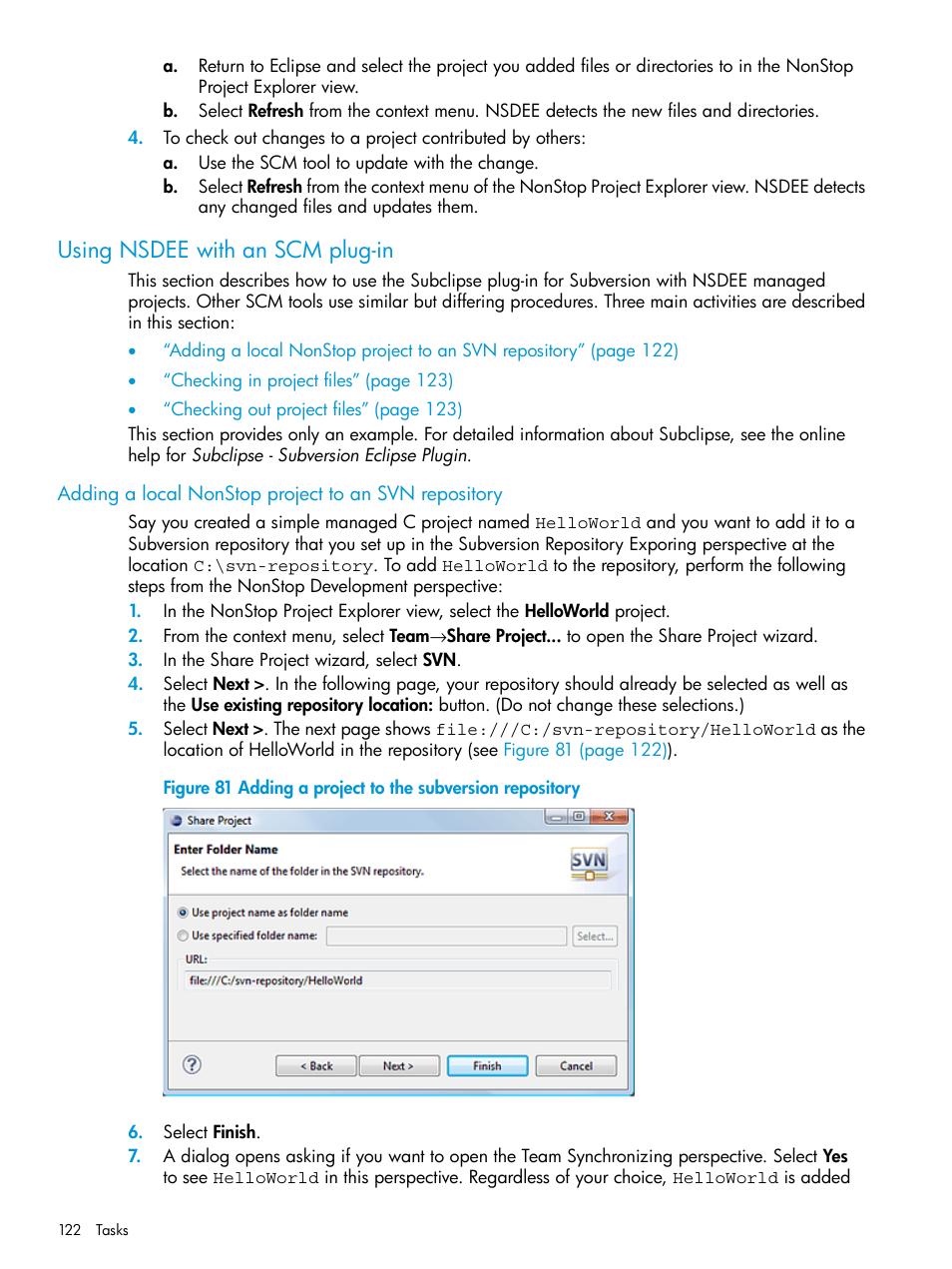 Using nsdee with an scm plug-in, Adding a project to the subversion repository | HP Integrity NonStop J-Series User Manual | Page 122 / 163