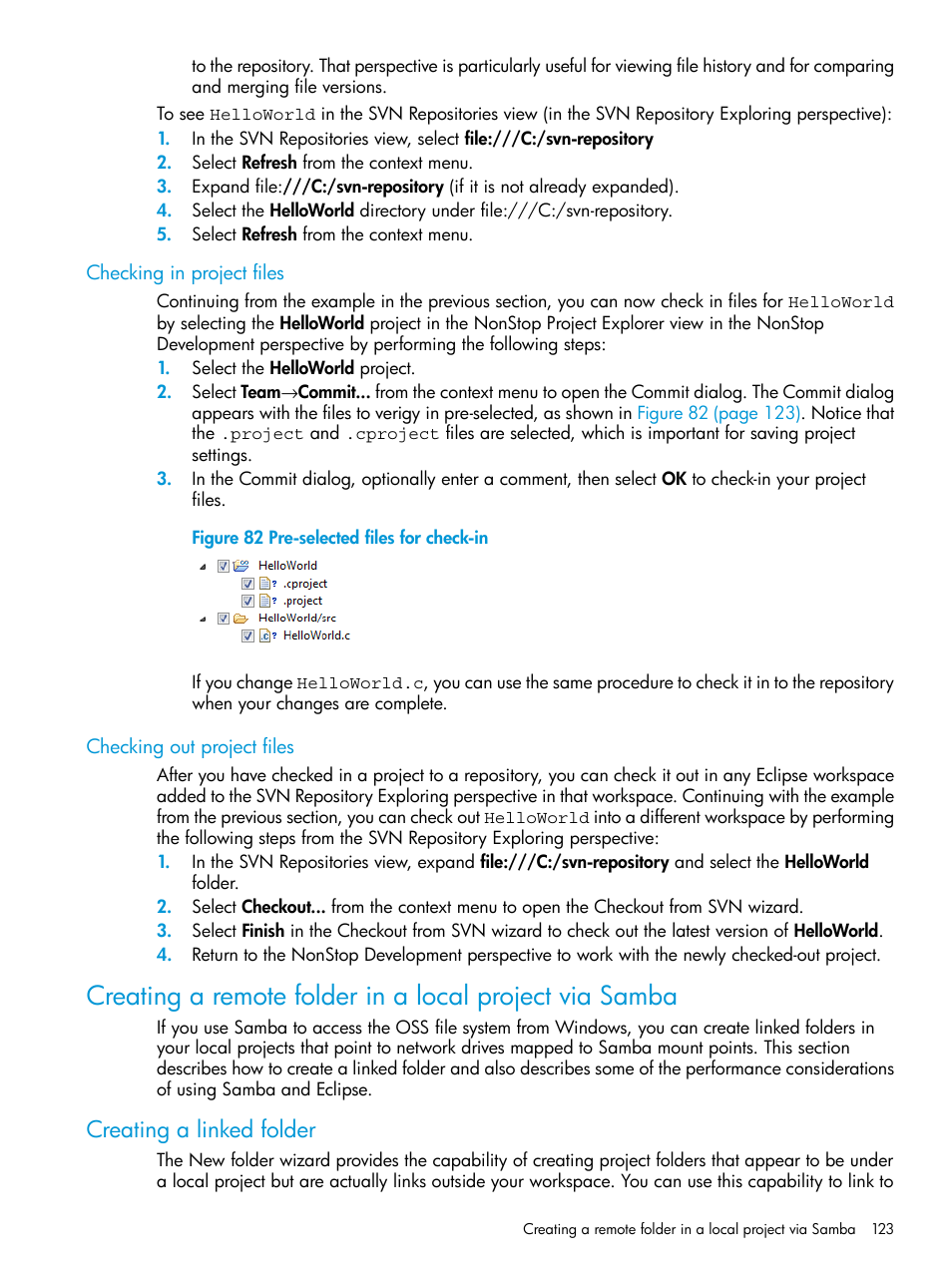 Checking in project files, Checking out project files, Creating a linked folder | Pre-selected files for check-in | HP Integrity NonStop J-Series User Manual | Page 123 / 163