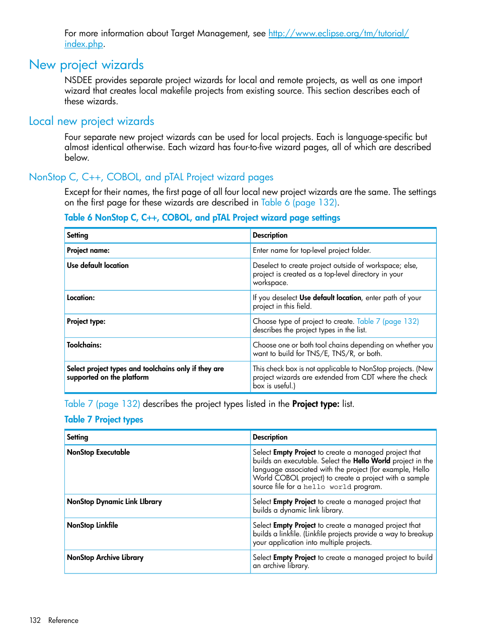 New project wizards, Local new project wizards, Project types | HP Integrity NonStop J-Series User Manual | Page 132 / 163